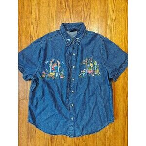 Women's Embroidered Button Up Gardening Outdoor Themed Top Solutions Casual L